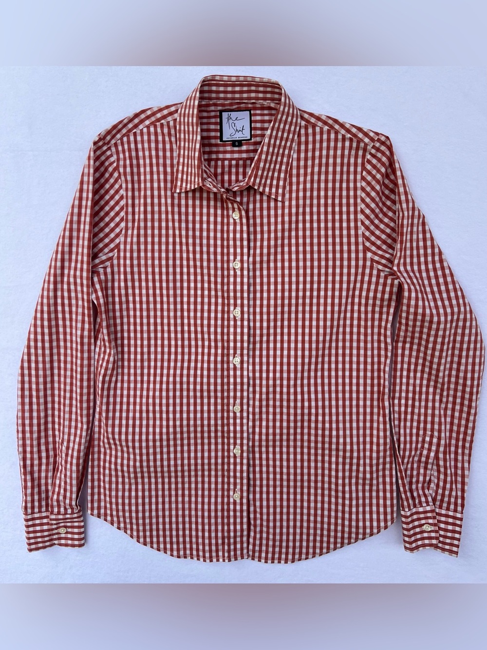 The Shirt by Rochelle Behrens Burnt Orange/White Gingham, Size S, EUC. Imported.